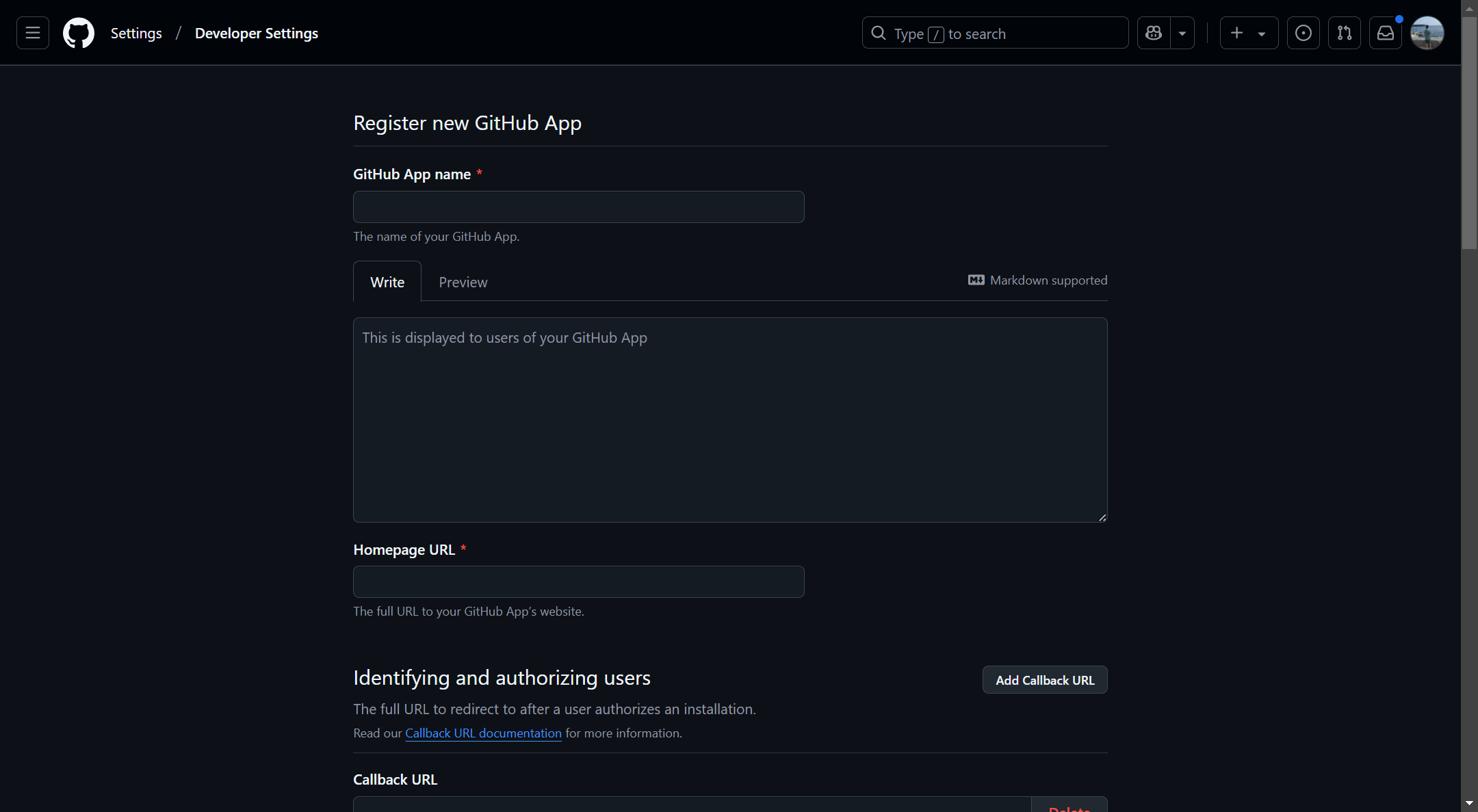GitHub New App Screen