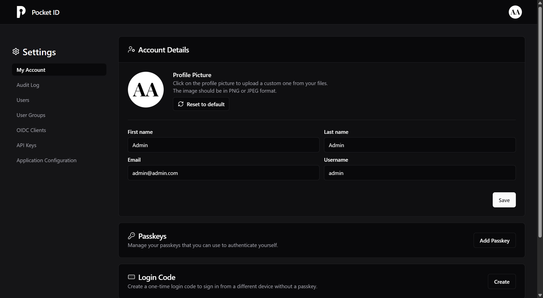 Pocket ID Admin Page