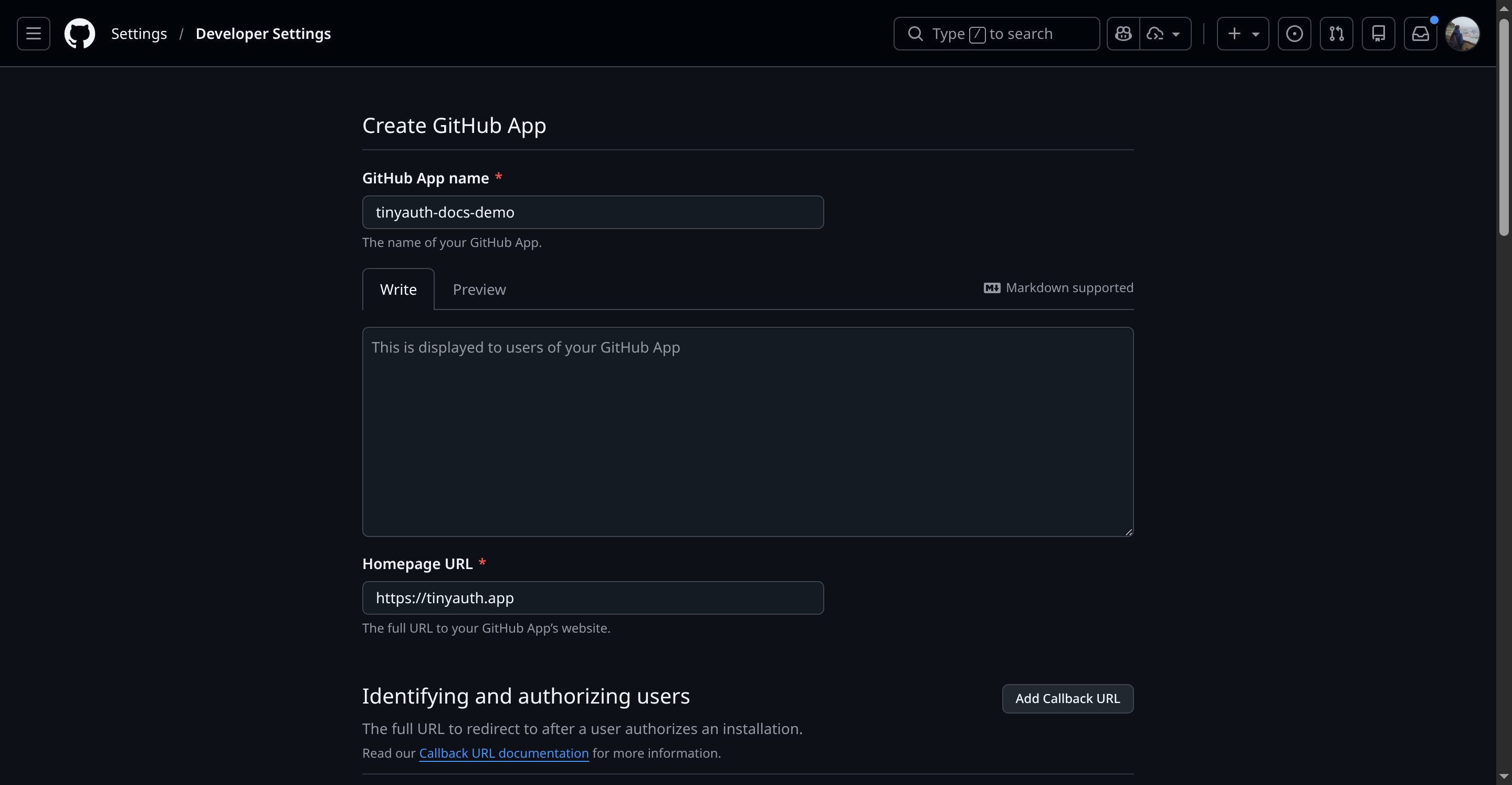 GitHub New App Screen