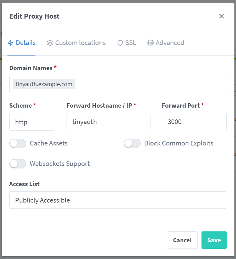 Nginx Proxy Manager Tinyauth host