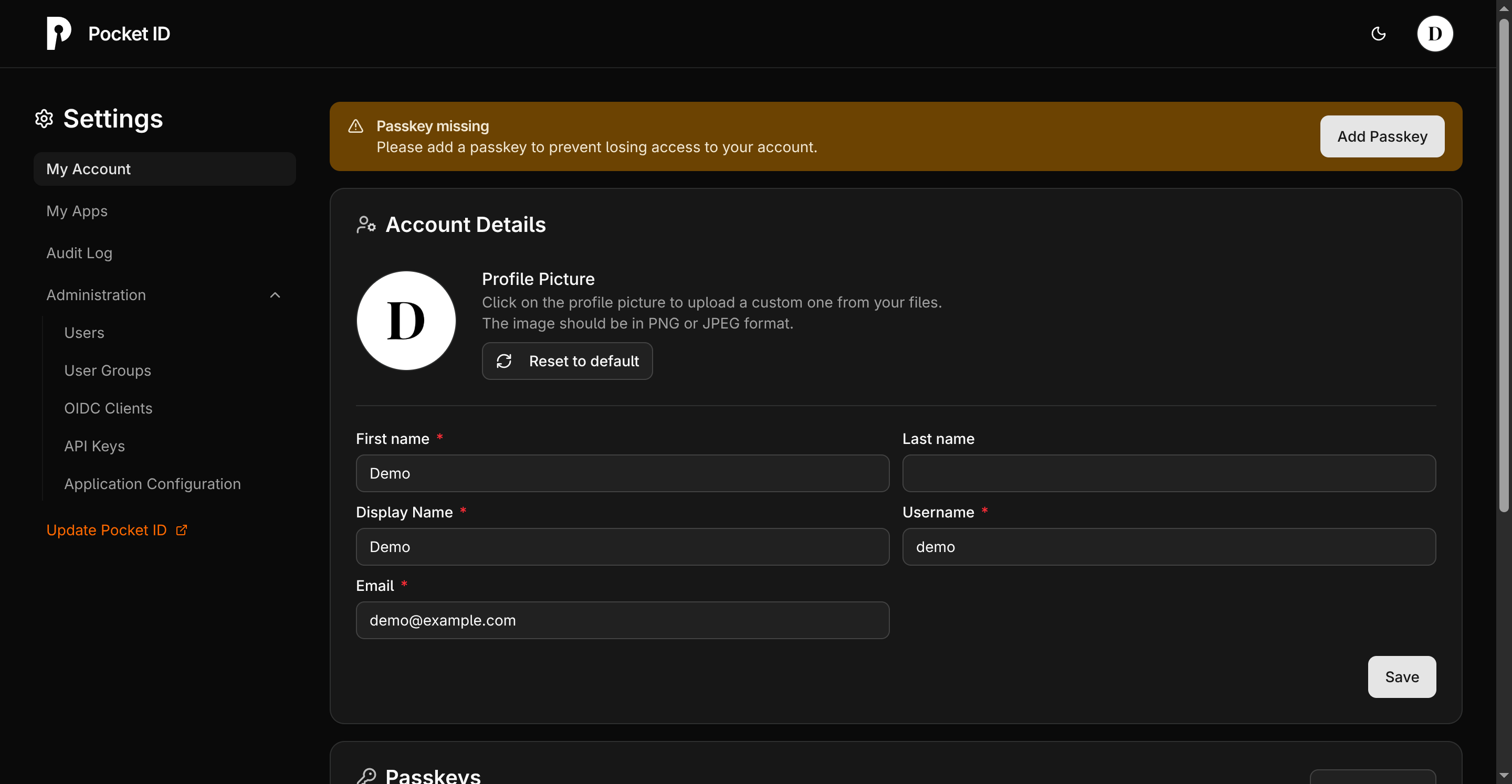 Pocket ID Admin Page