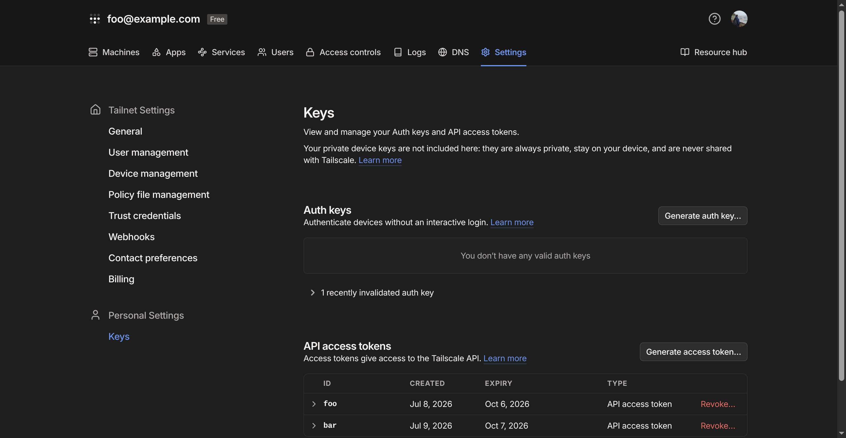 Tailscale keys page