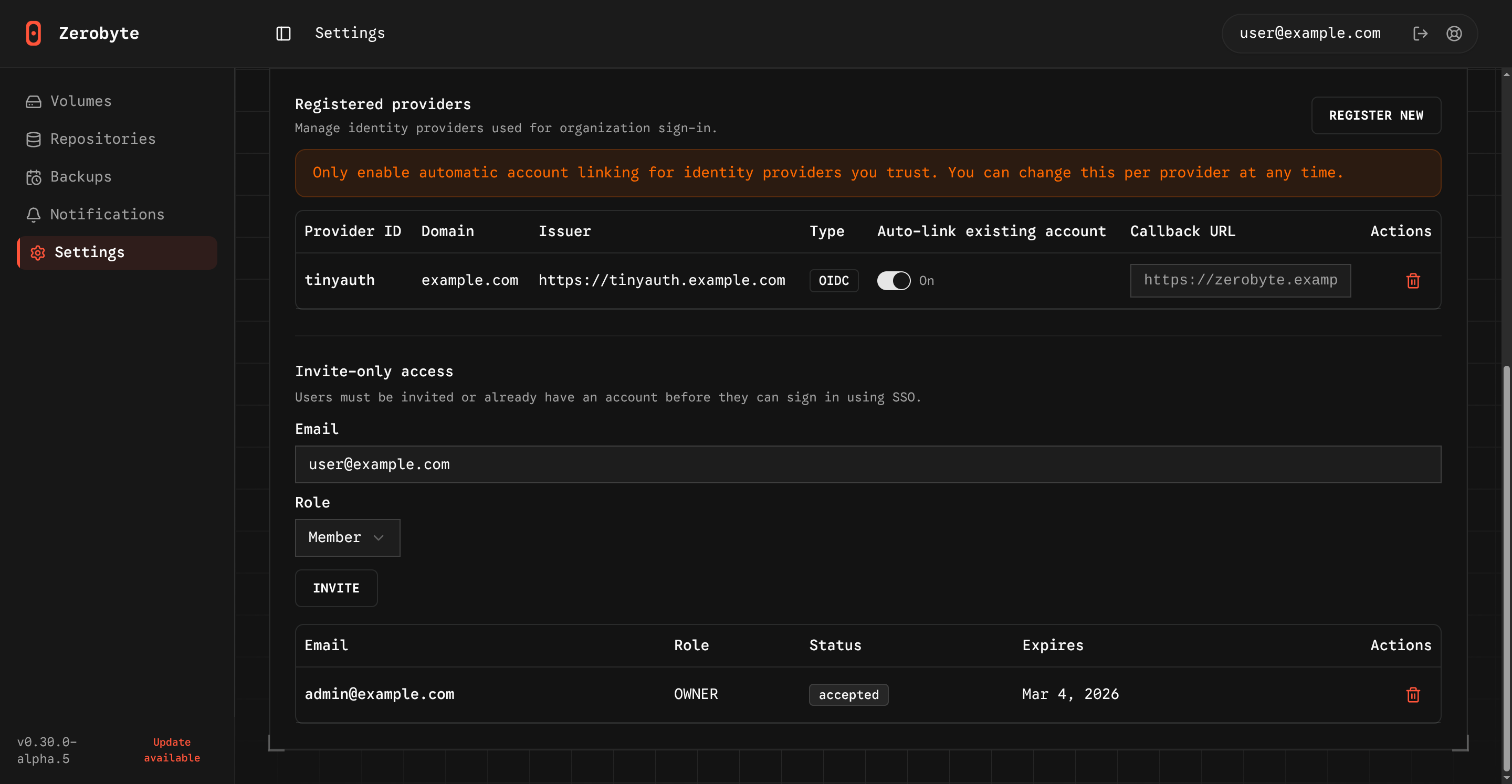 Zerobyte Invite User Preview